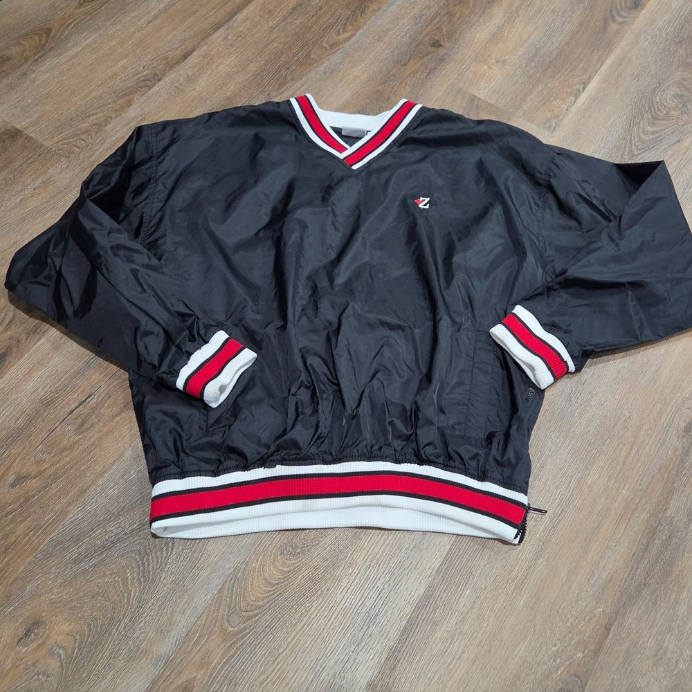 Vintage Jerzees Windbreaker Jacket Mens XL Black Red White V-Neck Pullover Zip